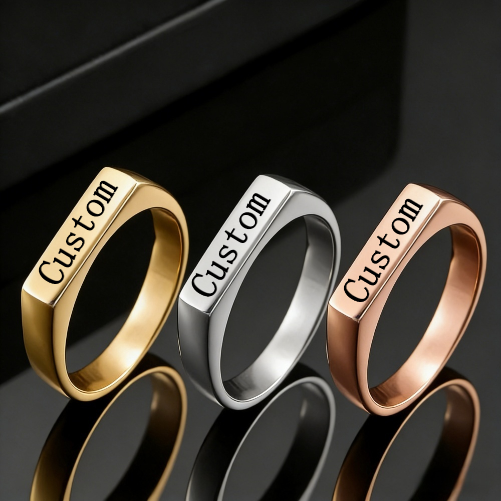 Statement Cocktail Ring - Özelleştirilmiş Kazınmış İsim Fotoğraf Yüzüğü Paslanmaz