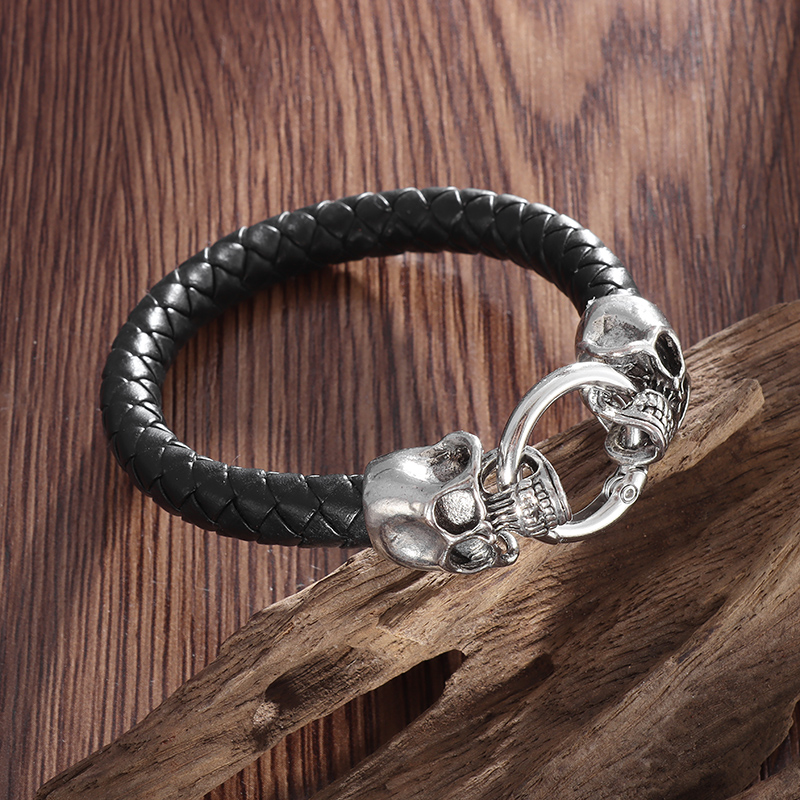 Gothic Skull Ring - Gotik çift kafatası siyah örgülü deri