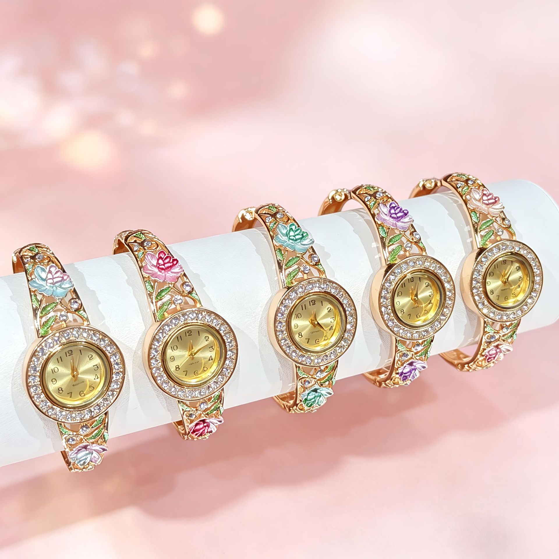 Vintage Jewelry Watches Women - Kadınlar için Vintage Altın Emaye Çiçekli